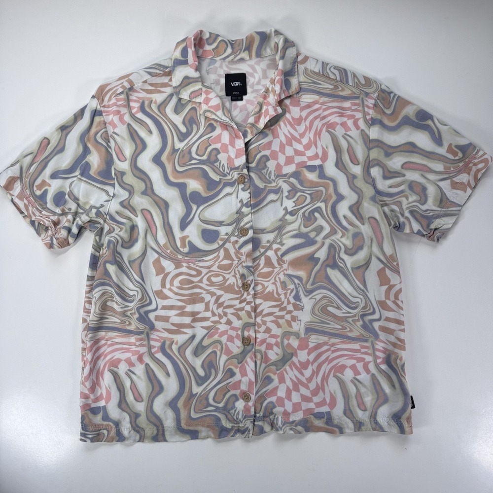VANS Sun Baked Ziggin Camp Shirt Button Down SS Top Swirl Pattern Womens Small